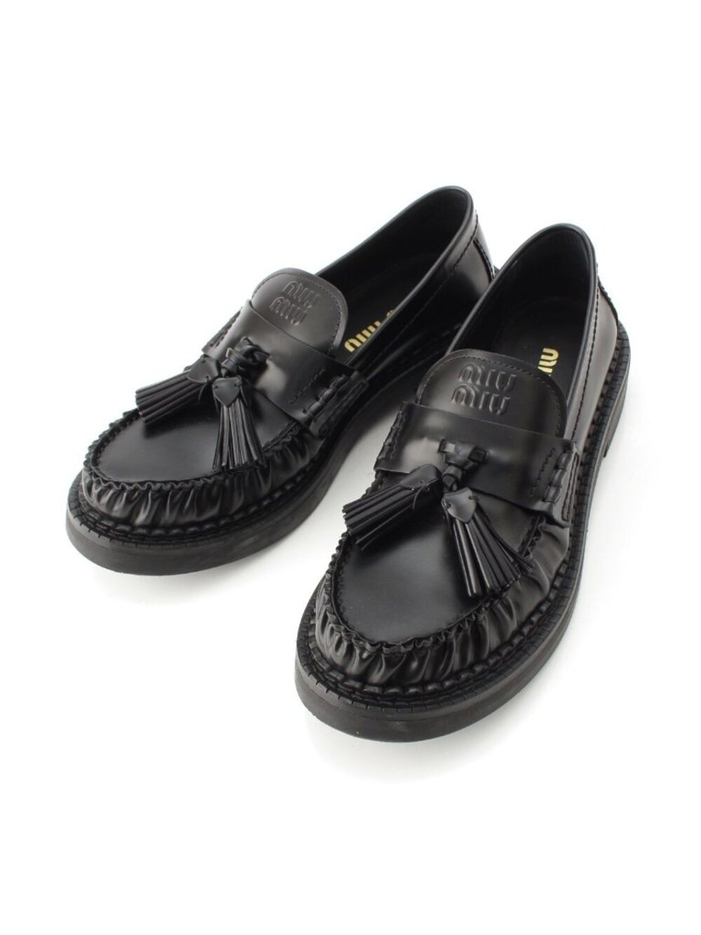 Miu Miu Leather Tassel Fringe Loafers Shoes Black